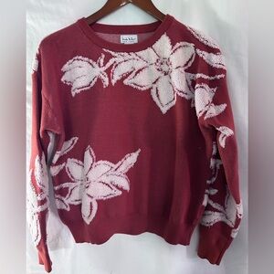 Women’s Crew Neck Sweater Burnt Orange with Ivory Floral Size Medium